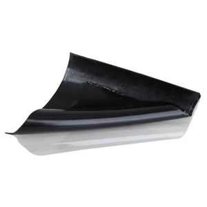 A shiny, black rectangular piece of flashing, slightly curled up at the edges. 