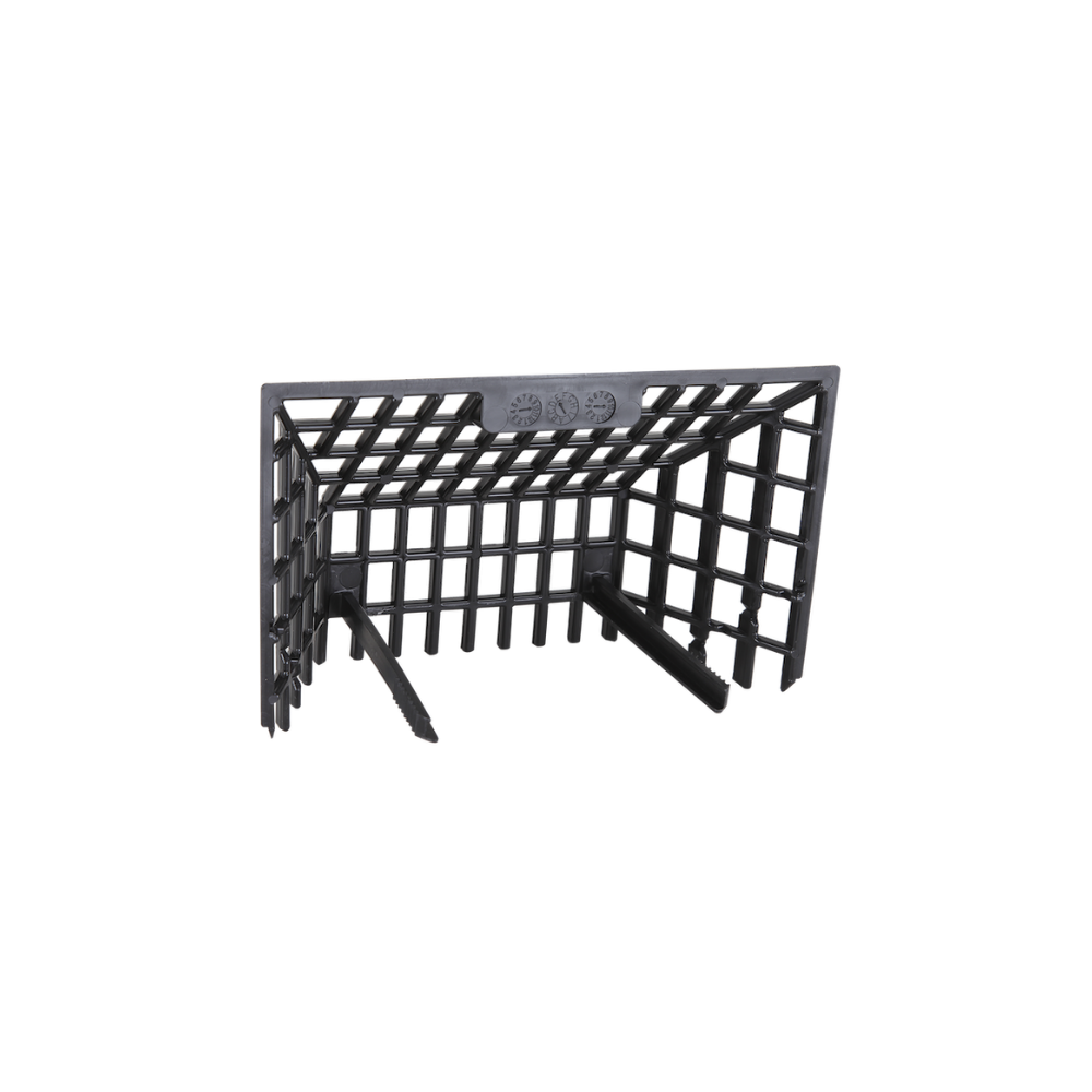 A black, hard plastic leafguard in the shape of a footboal net. 