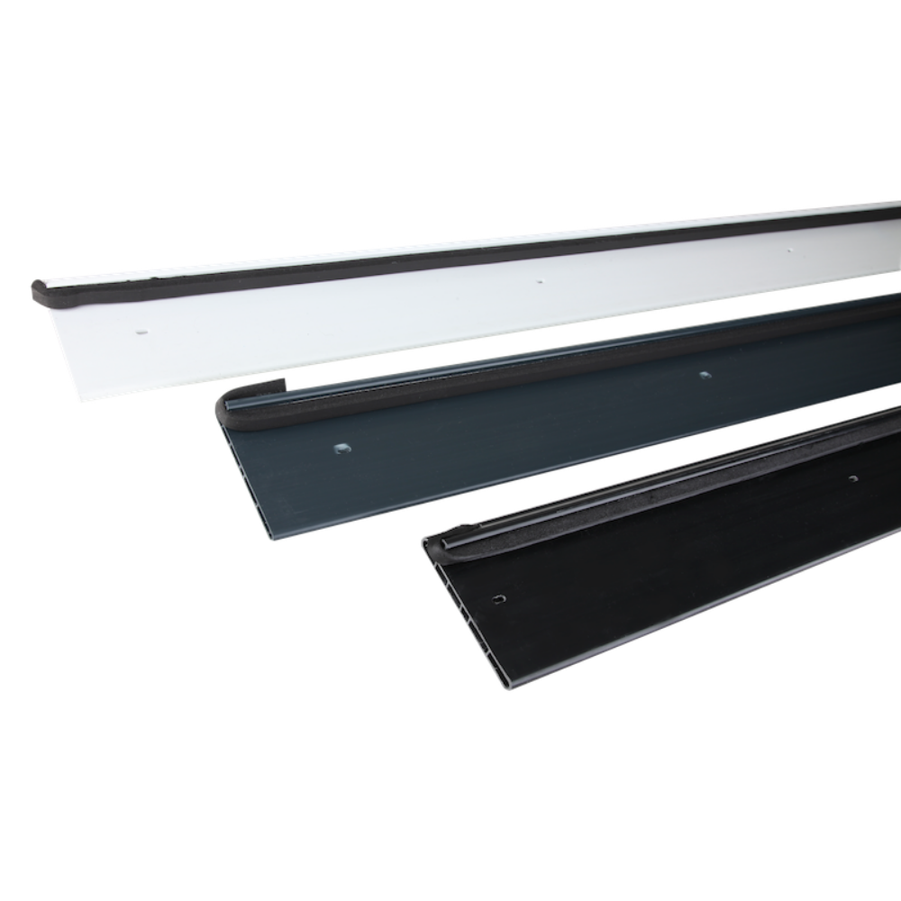 Three lengths of RubbaTrim Edge appearing almost horizontally: white at the top, then anthracite, then black.