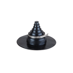 A shiny, black conical pipe seal, shaped like a witch's hat, with a wide base, and a jubilee clip around the lower perimeter of the cone.