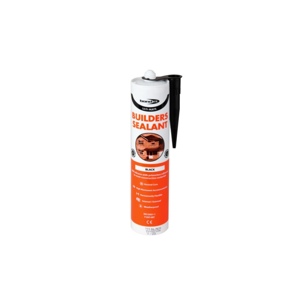A white tube of BondIt universal sealant, with a black, pointed nozzle hanging down from the neck of the tube, to be placed on top for usage.